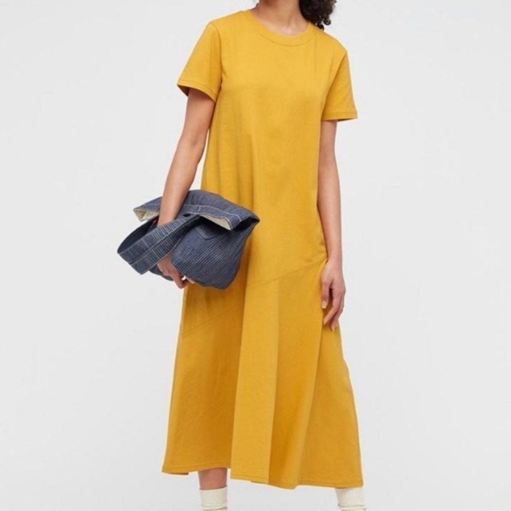 Uniqlo JW Anderson short sleeve fluid hem dress in mustard yellow